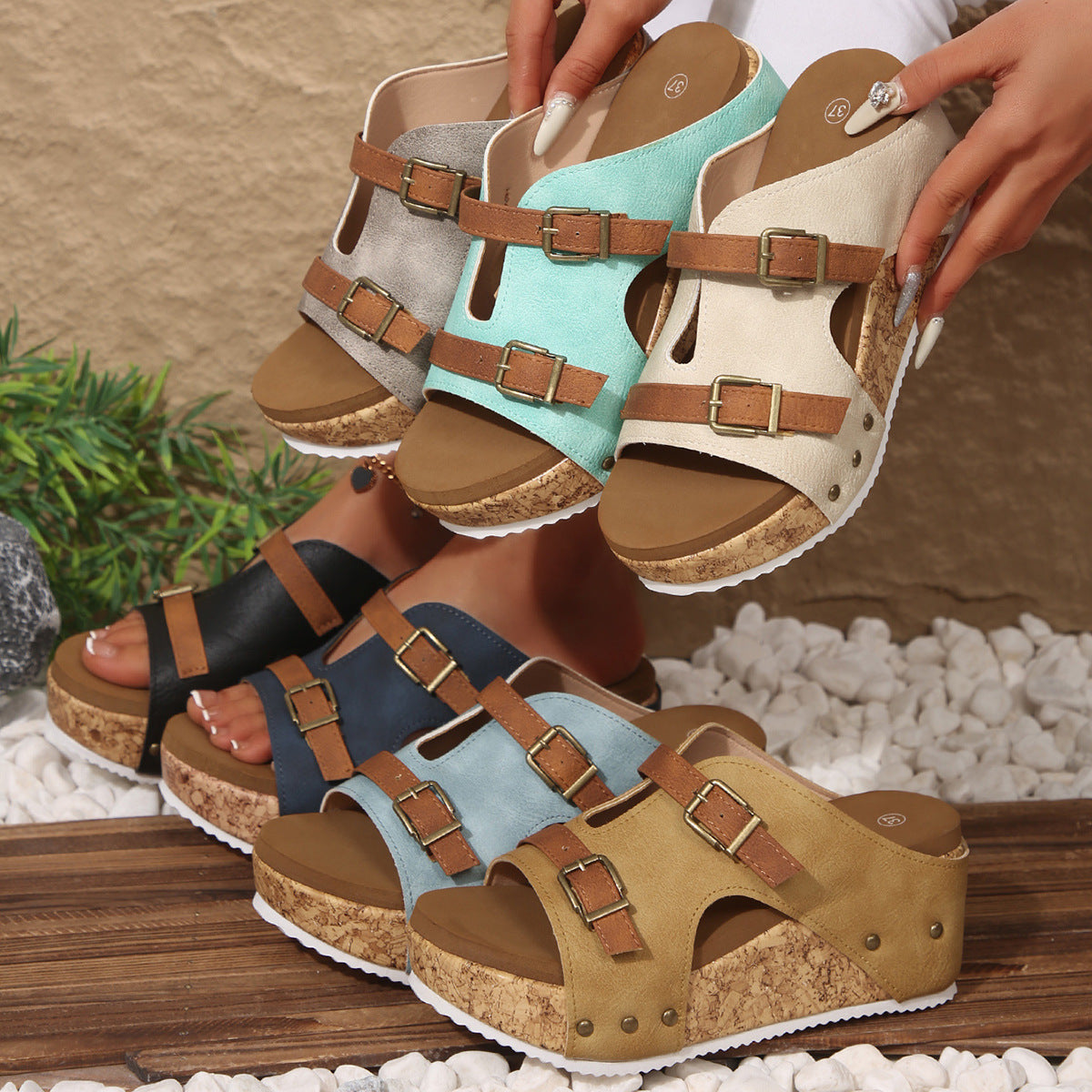 Damen Wedge-Sandalen mit verstellbarem Doppelschnallen-Design R&B