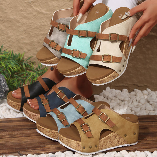 Damen Wedge-Sandalen mit verstellbarem Doppelschnallen-Design R&B