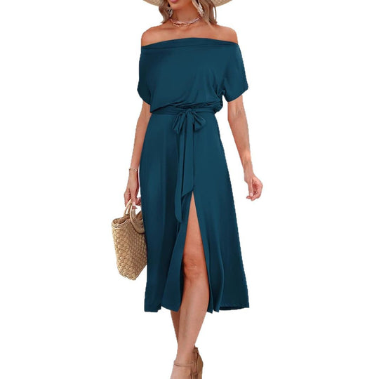 Damen Off-Shoulder Maxikleid mit Taillengürtel und seitlichem Schlitz R&B