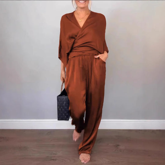 Damen Elegantes Wickeloberteil mit weitem Schnitt und passenden Palazzo-Hosen R&B