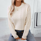 Damen Grobstrickpullover mit raffiniertem Zopfmuster und Rundhalsausschnitt
