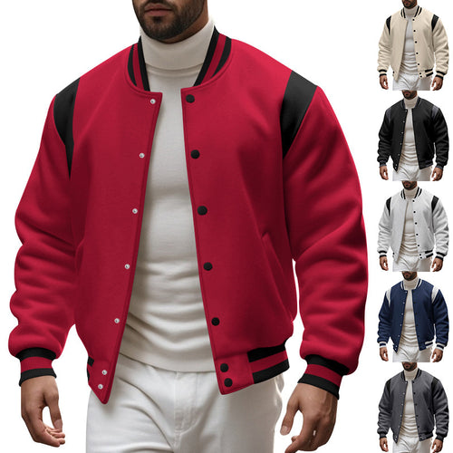 Herren nan College-Baseballjacke mit Druckknopfleiste, geripptem Kragen und kontrastierten Schulterpassen R&B