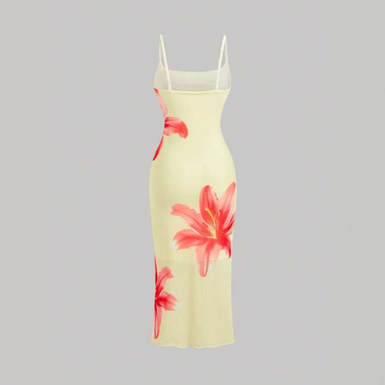 Damen sommerliches Blumenkleid mit feinen Spaghetti-Trägern und fließendem Schnitt R&B
