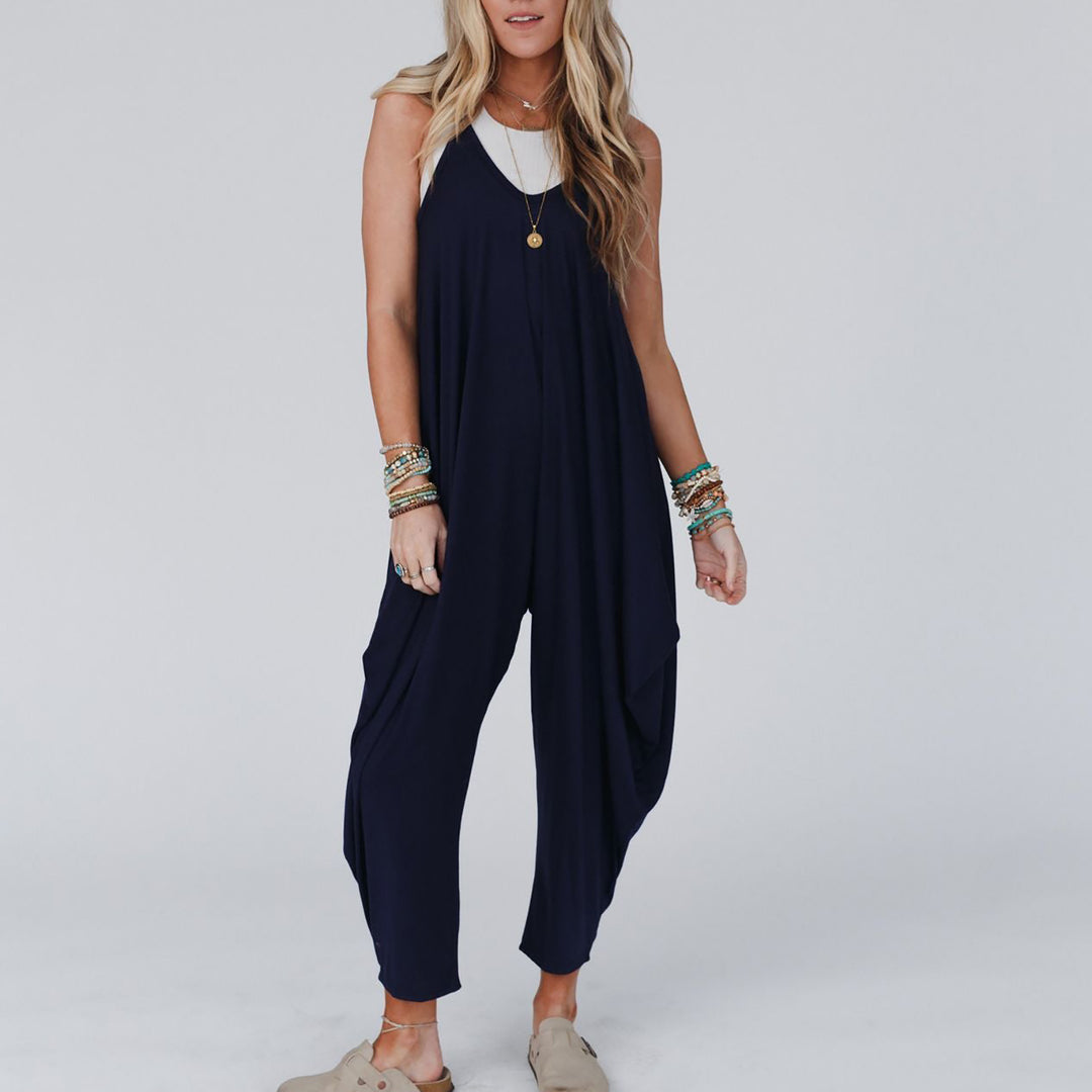 Damen bequemer Jumpsuit mit lässigem Schnitt und tiefem V-Ausschnitt R&B