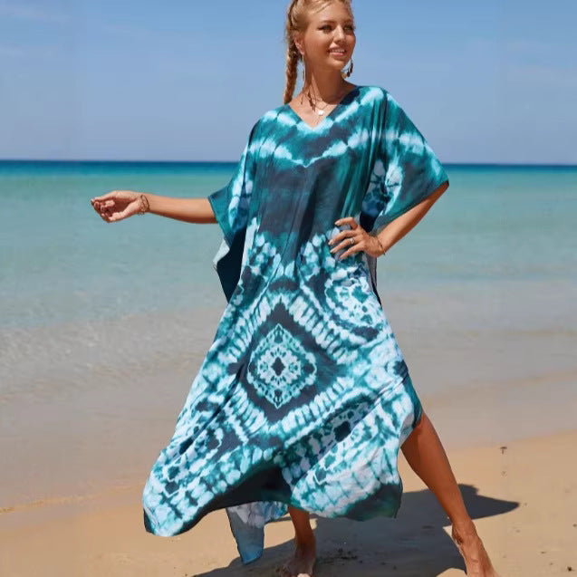 Damen Strandkleid mit buntem Batikdesign und weit geschnittenen Ärmeln R&B
