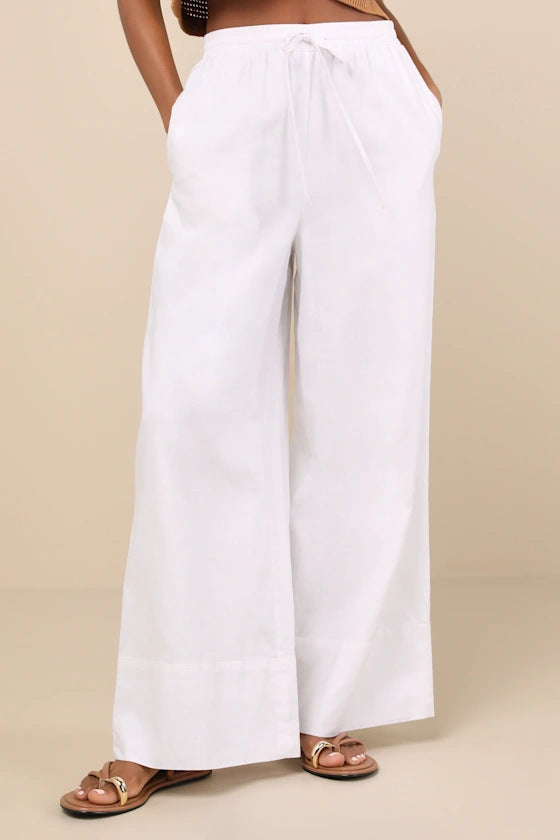 Damen Weite Leinenhose mit elastischem Bund und seitlichen Taschen R&B