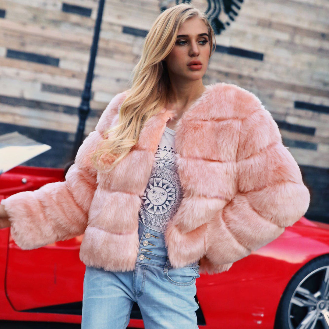 Damen Flauschige Kunstpelzjacke mit voluminösen Ärmeln und elegantem Schnitt R&B