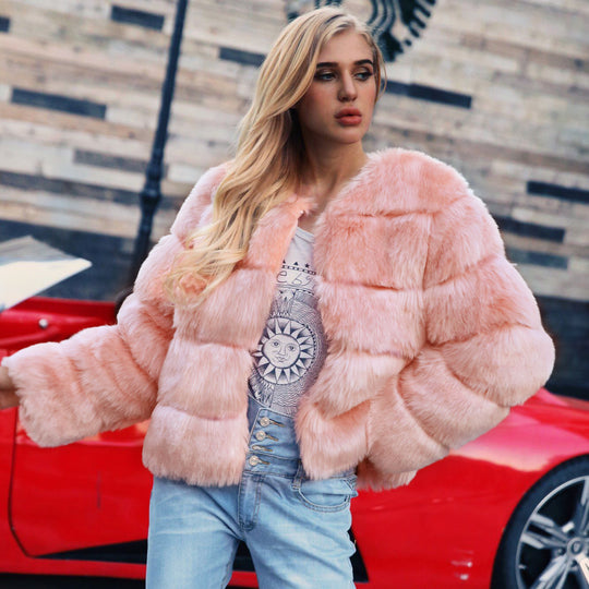 Damen Flauschige Kunstpelzjacke mit voluminösen Ärmeln und elegantem Schnitt R&B