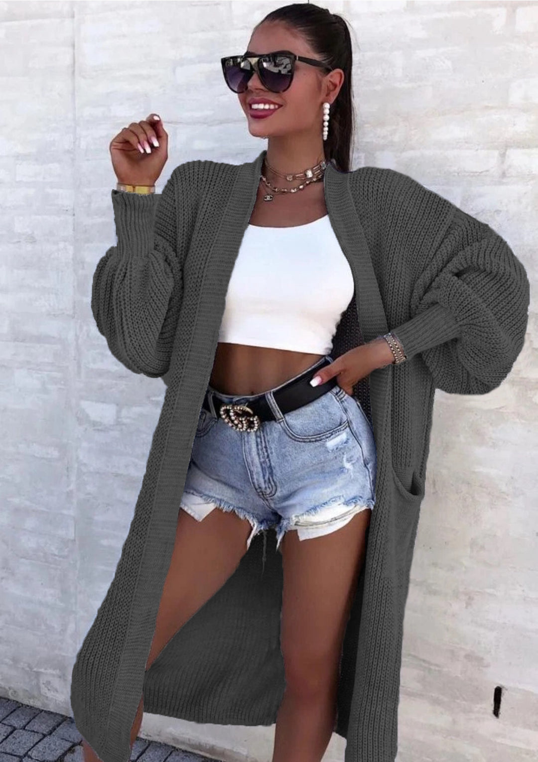 Damen lässiger Strickkarte mit tiefem V-Ausschnitt und großzügigen Taschen R&B