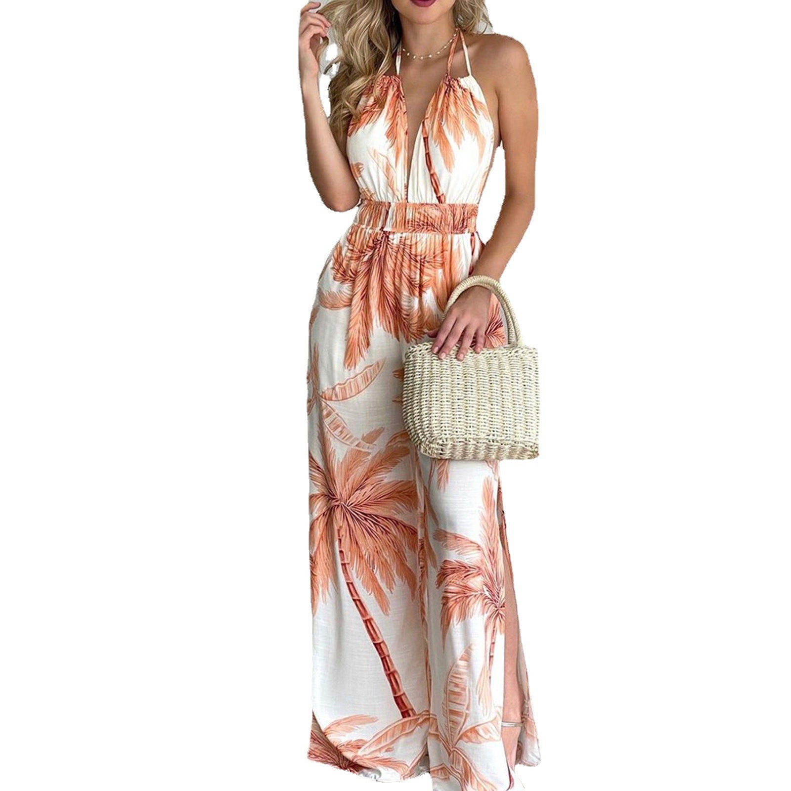 Damen eleganter Jumpsuit mit Spaghettiträgern und hohen Seitenschlitzen R&B