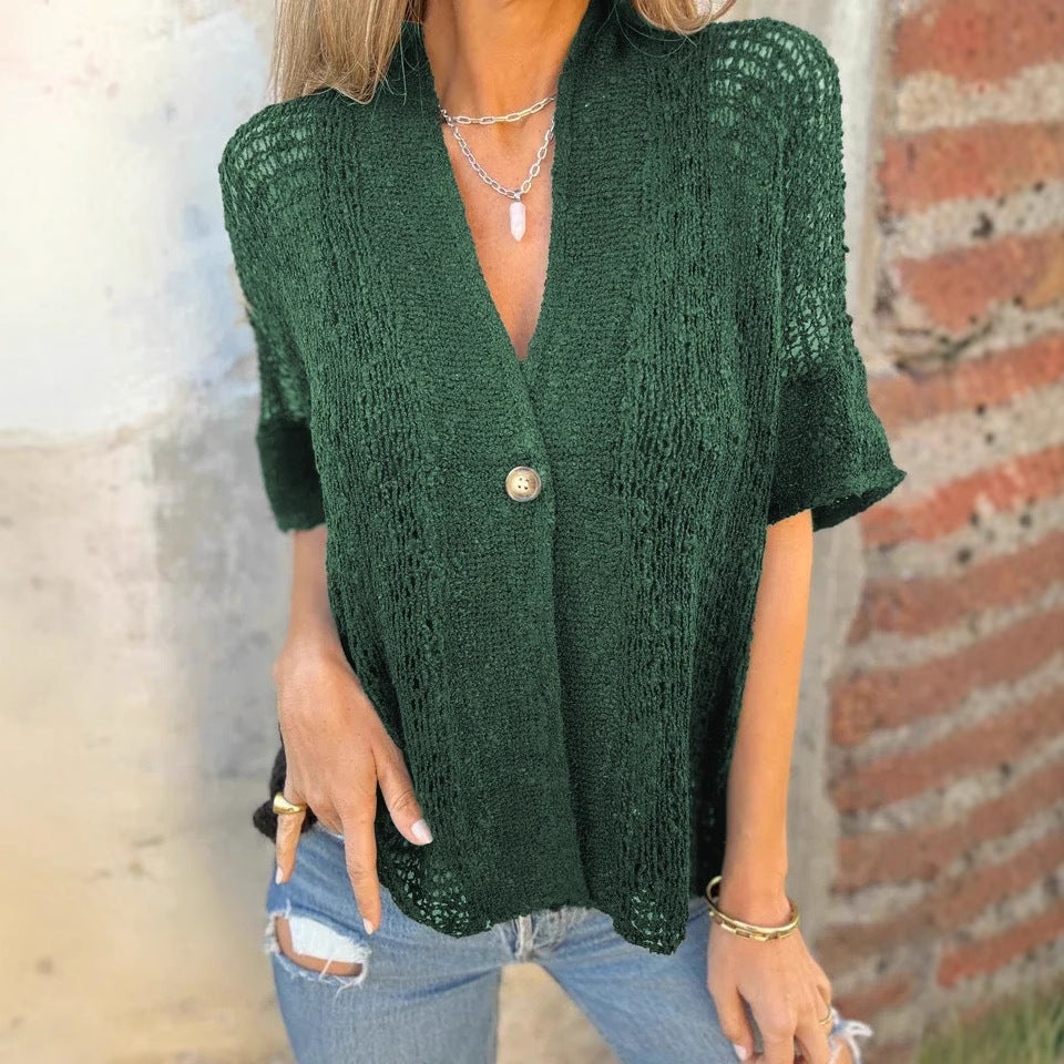 Damen Strickbluse mit leichtem Gewebe und dekorativem Knopf R&B