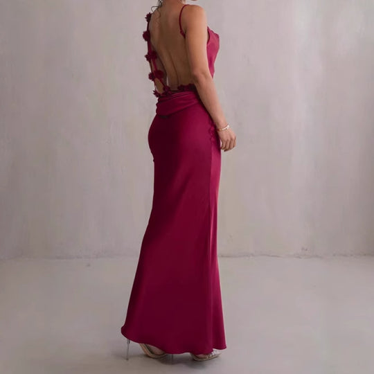 Damen Elegantes und figurbetontes Maxikleid mit tiefem Rückenausschnitt und floralen Applikationen R&B
