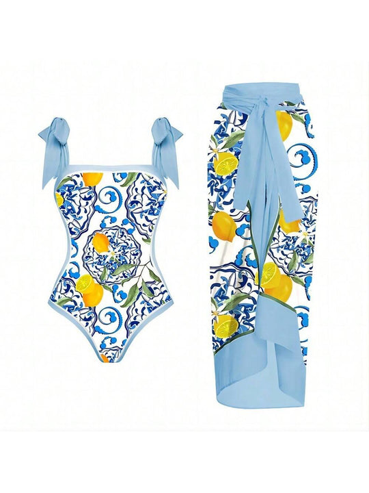 Damen Eleganter Badesuit mit floralen Akzenten und modischem Wickelrock R&B