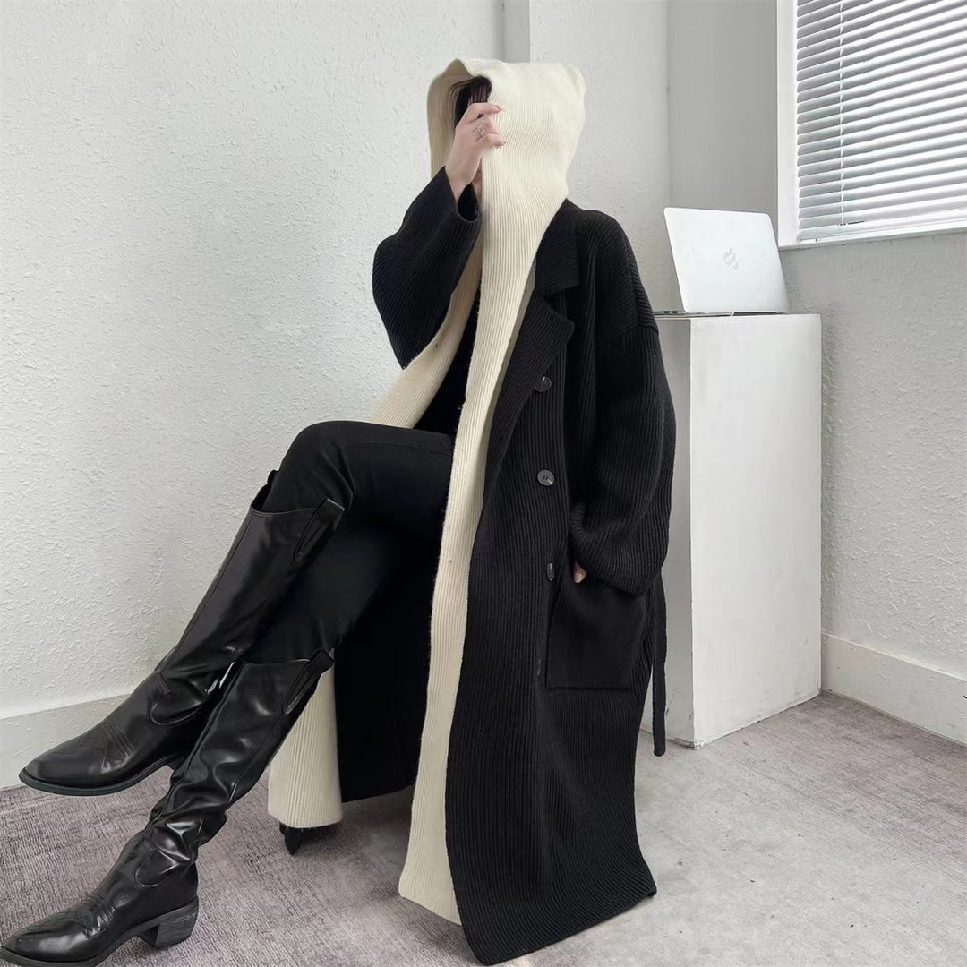 Damen Eleganter langer Mantel mit Gürtel und kontrastierenden Ärmeln R&B