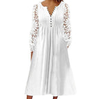 Damen Midikleid mit eleganter Lochspitzenärmel und Knopfleiste R&B
