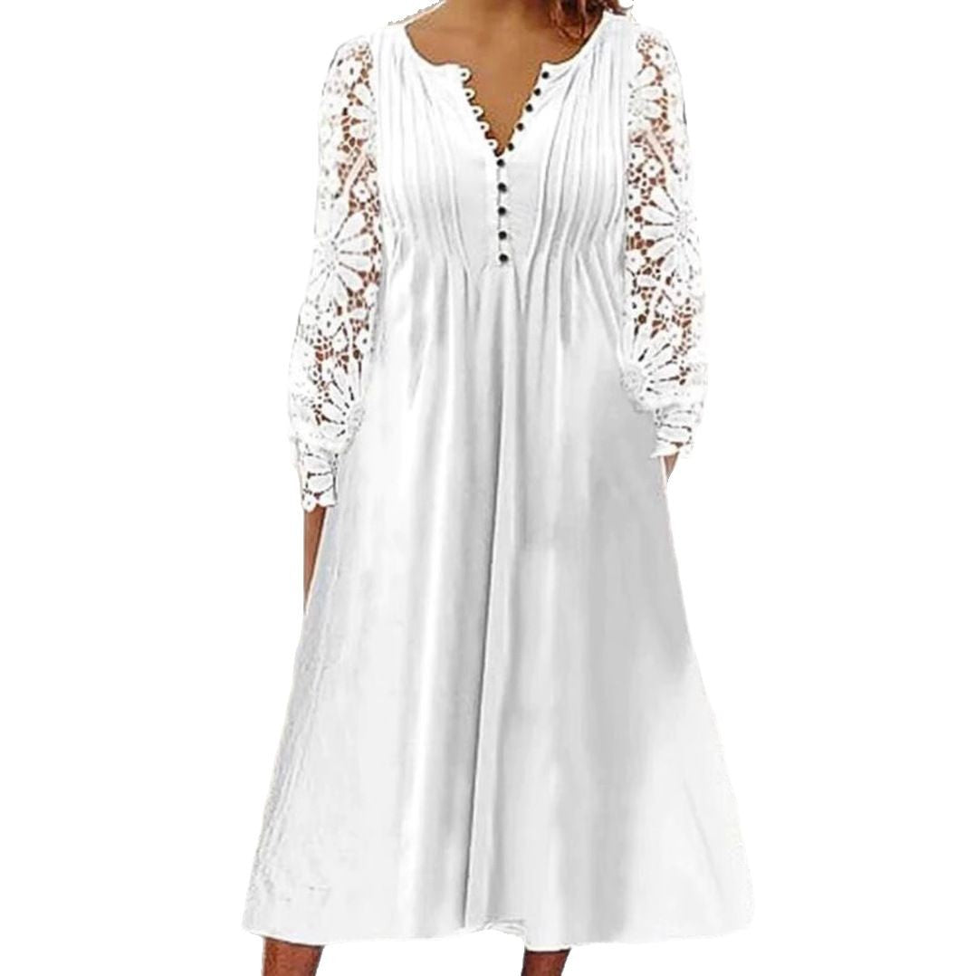 Damen Midikleid mit eleganter Lochspitzenärmel und Knopfleiste R&B