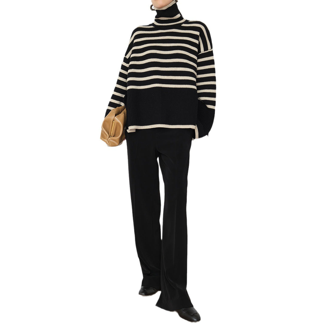 Damen Lässiger Strickpullover mit Blockstreifen und hohem Kragen R&B