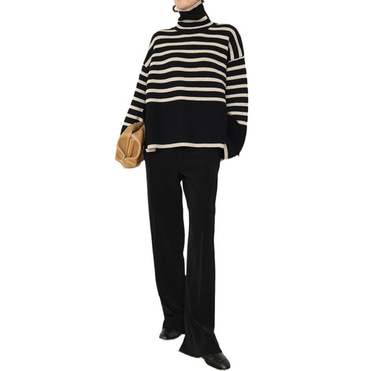Damen Lässiger Strickpullover mit Blockstreifen und hohem Kragen R&B