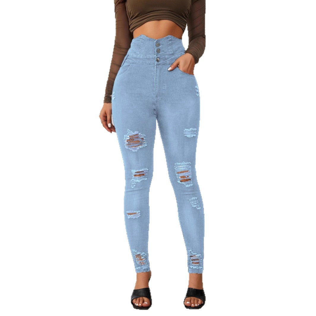 Damen Hochtaillierte Skinny Jeans mit modischen Rissen und eleganter Knopfleiste R&B