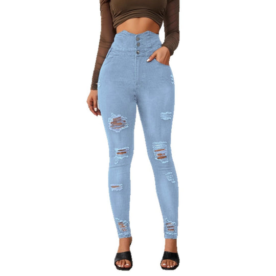 Damen Hochtaillierte Skinny Jeans mit modischen Rissen und eleganter Knopfleiste R&B