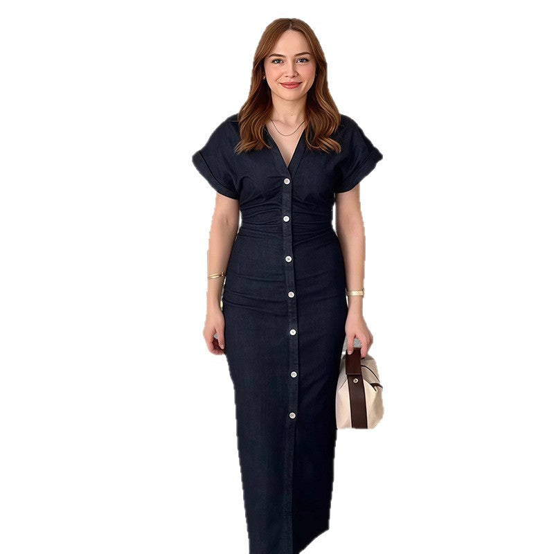 Damen Langarm Kleid mit Knopfverschluss und klassischem Hemdkragen R&B