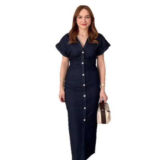 Damen Langarm Kleid mit Knopfverschluss und klassischem Hemdkragen R&B
