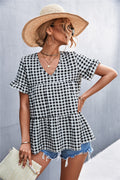 Damen Blusenshirt mit rüschenförmigem Saum und Karomuster R&B