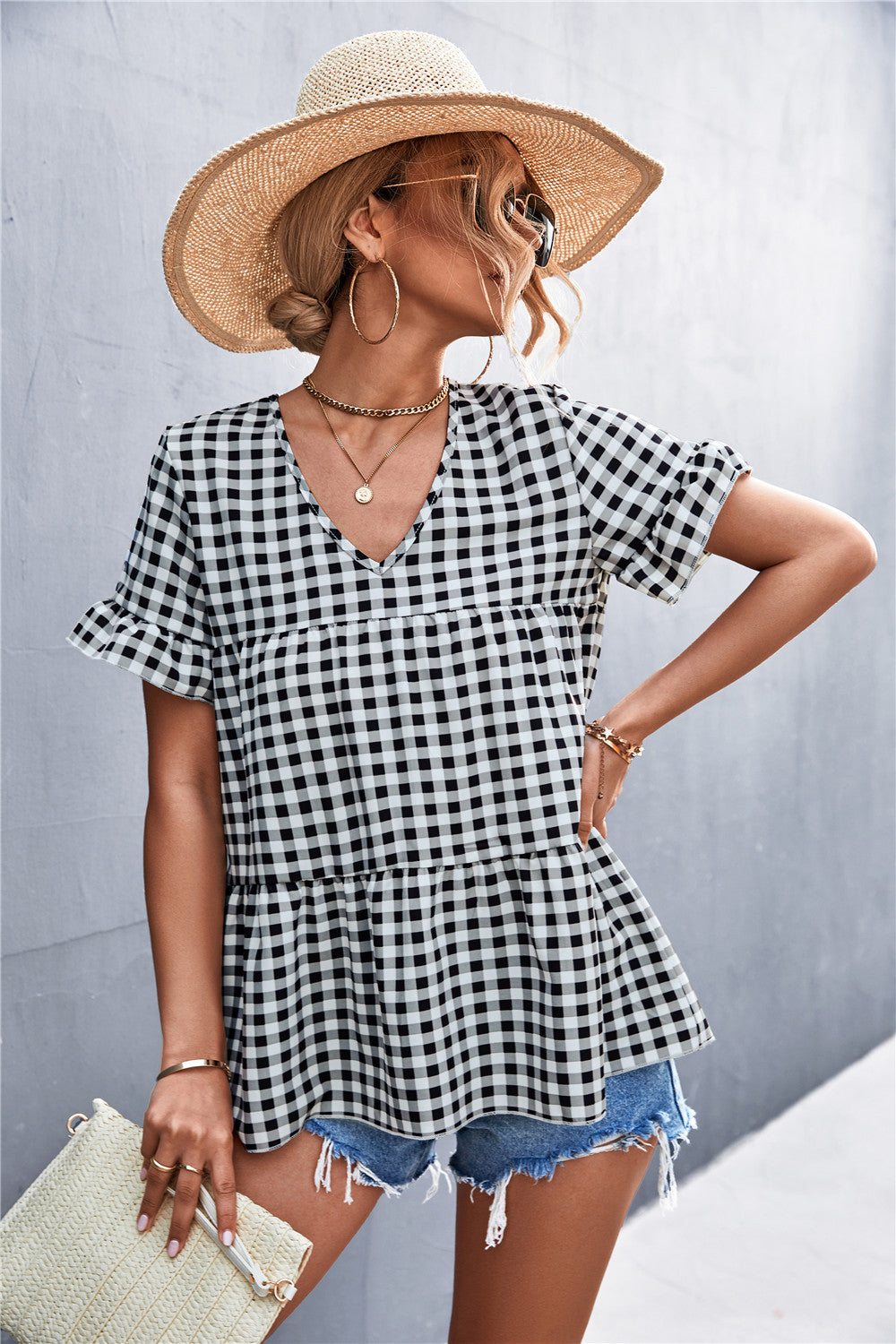 Damen Blusenshirt mit rüschenförmigem Saum und Karomuster R&B