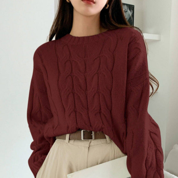 Damen Gemusterter Strickpullover mit voluminösen Ärmeln und Rundhalsausschnitt R&B