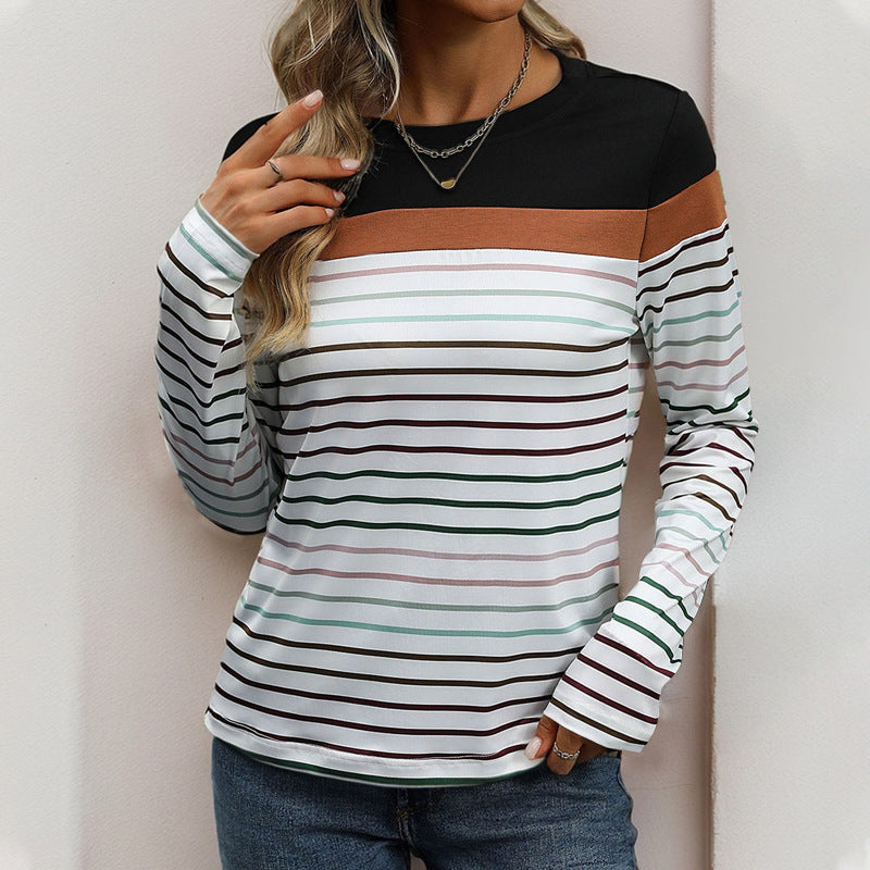 Damen gestreiftes Langarmshirt mit modischem Farbblockdesign R&B