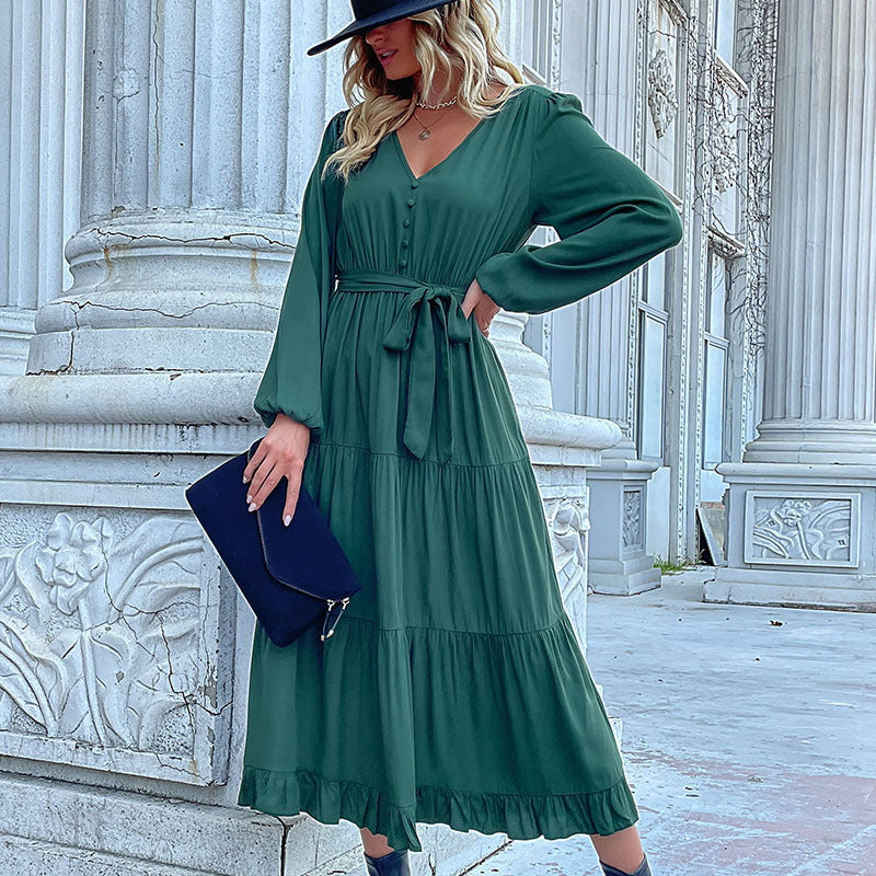 Damen Maxikleid mit Knopfleiste, Taillengürtel und Rüschensaum R&B
