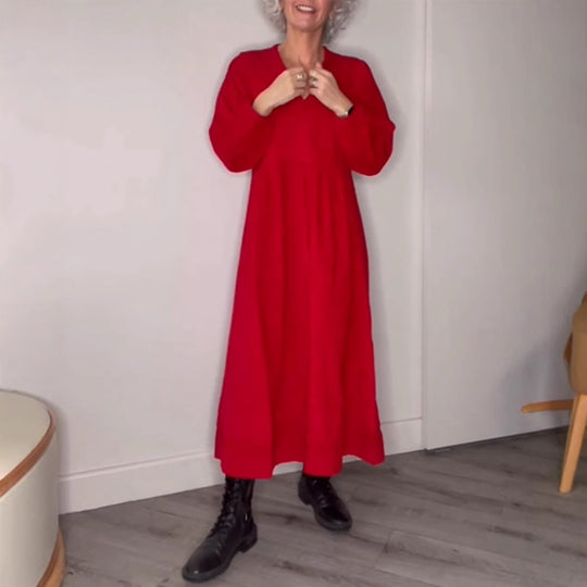 Damen Maxikleid mit elegantem V-Ausschnitt und bequemen langen Ärmeln R&B