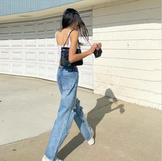 Damen Vintage-Style Mom-Jeans mit ausgefransten Rissen und hohem Bund R&B