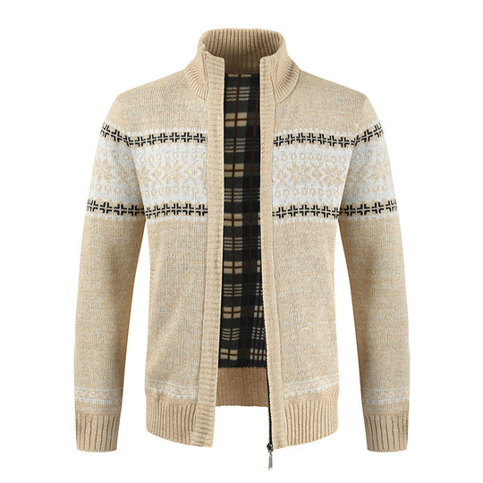 Herren Strickjacke mit modernem Norweger-Muster und hohem Kragen R&B