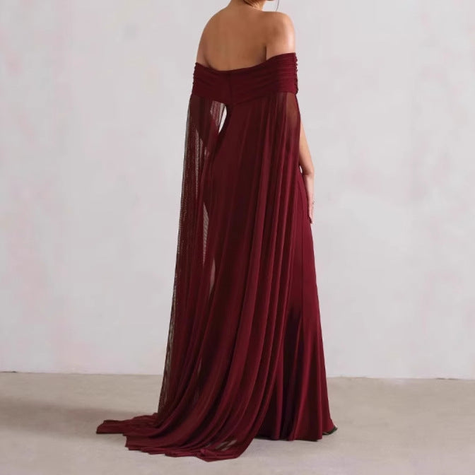 Damen Elegantes Off-Shoulder Abendkleid mit fließendem Transparenz-Cape und figurumspielendem Schnitt R&B