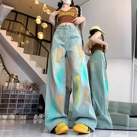 Damen Weit geschnittene Jeans mit modischem Farbspiel und hoher Taille R&B