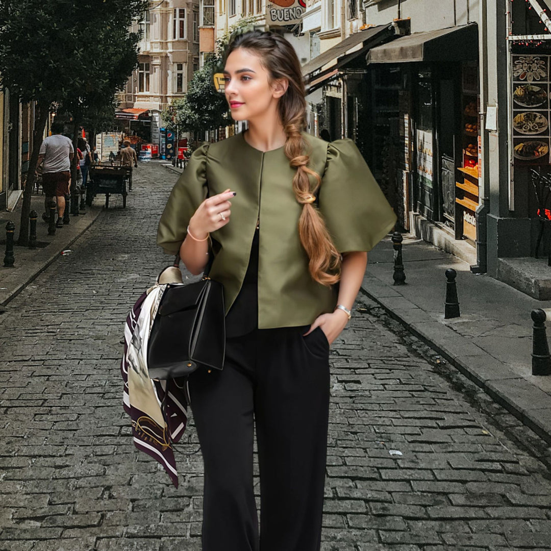 Damen Elegantes Midikleid mit strukturiertem Oberteil und voluminösen Ärmeln R&B
