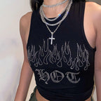 Damen Crop-Top mit auffälligem Flammenmotiv und glänzenden Akzenten R&B