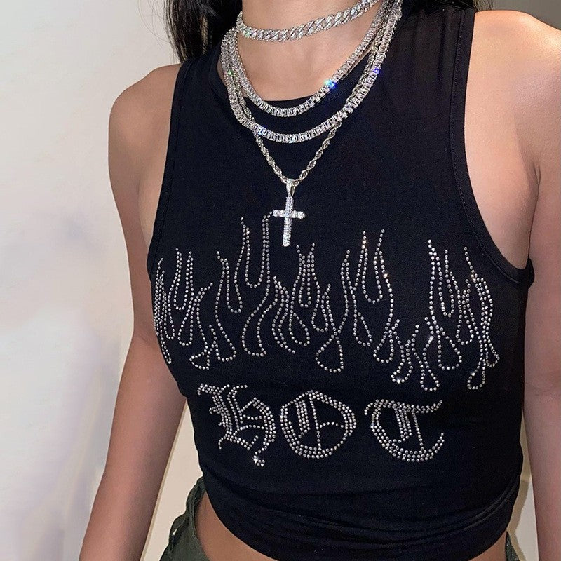 Damen Crop-Top mit auffälligem Flammenmotiv und glänzenden Akzenten R&B