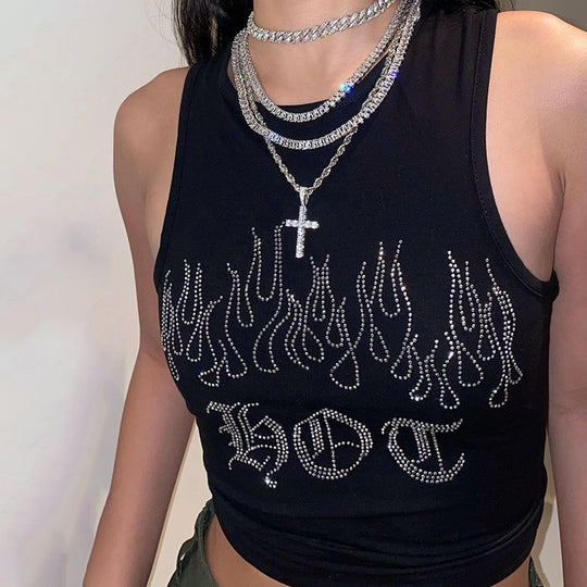 Damen Crop-Top mit auffälligem Flammenmotiv und glänzenden Akzenten R&B