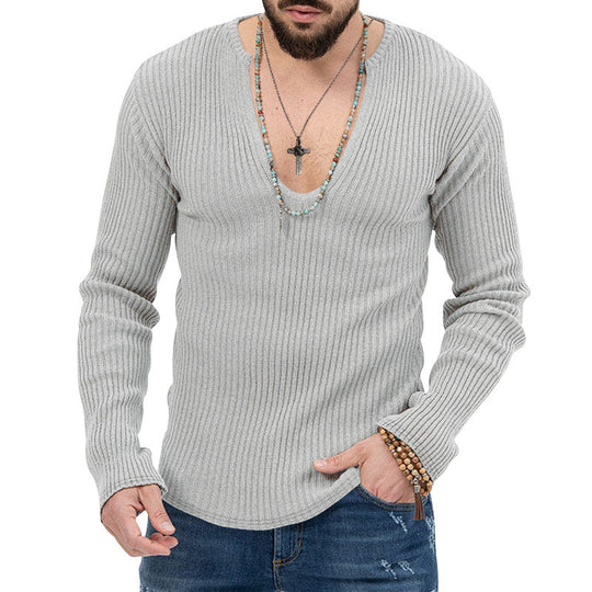 Herren elegantes Langarmshirt mit tiefem V-Ausschnitt und strukturiertem Gewebe R&B