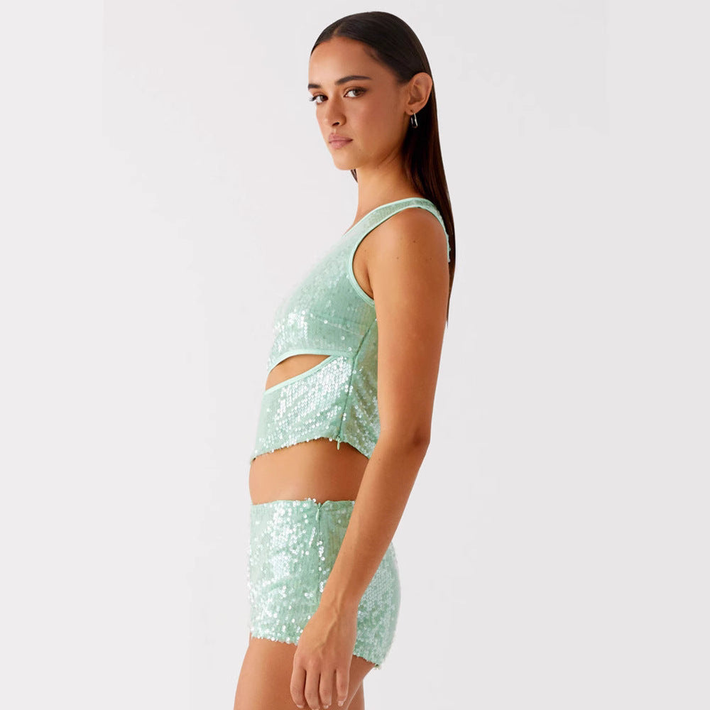 Damen Glamouröses Pailletten-Top mit Cut-Out-Design und Shorts R&B