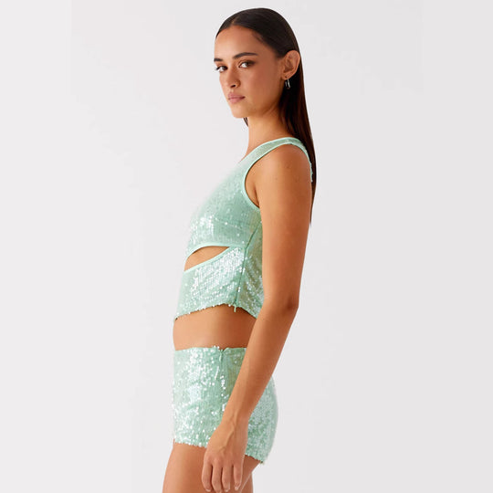 Damen Glamouröses Pailletten-Top mit Cut-Out-Design und Shorts R&B
