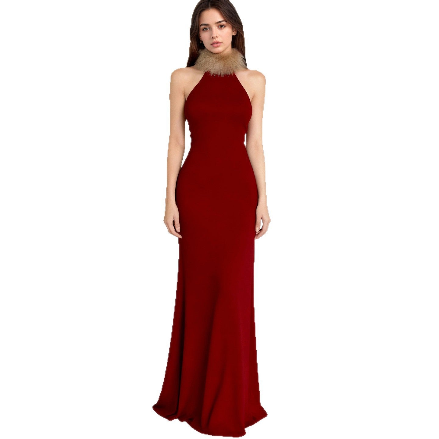 Damen Elegantes Maxikleid mit luxuriösem Kunstpelzkragen R&B