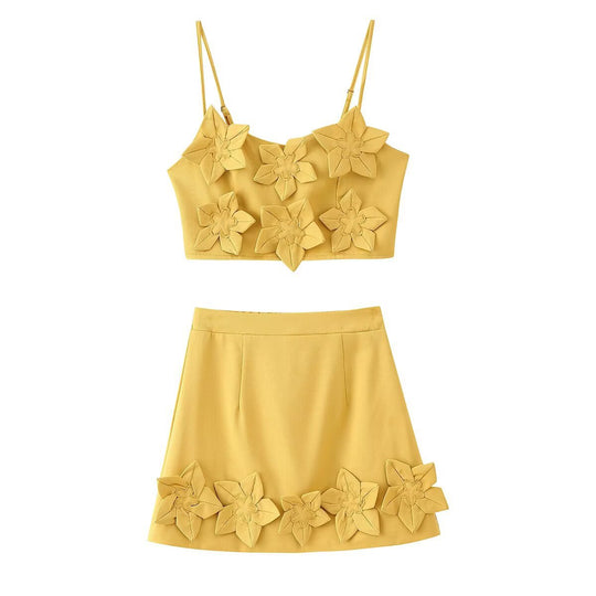 Damen Crop-Top und Röcken-Set mit floralen Applikationen R&B