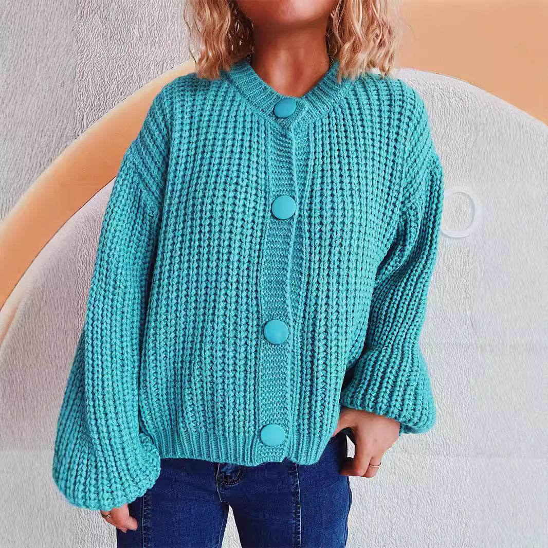 Damen Grobstrickjacke mit ballonförmigen Ärmeln und dekorativen Knöpfen R&B