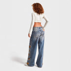 Damen Weite Jeans mit floraler Stickerei