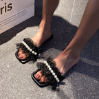 Damen Modische Slide-Sandalen mit Perlenverzierung und Tüll-Applikationen R&B