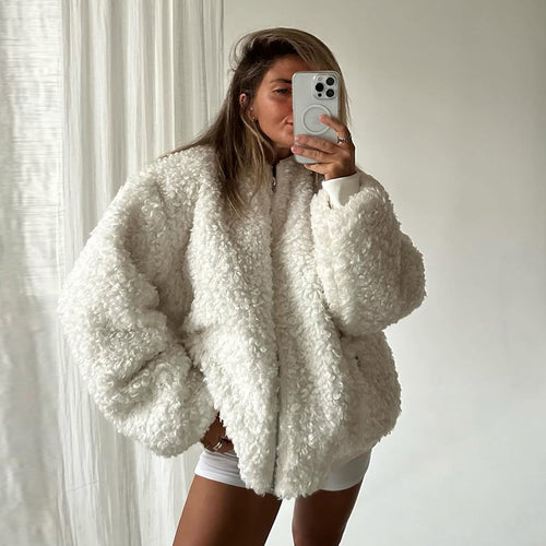 Damen gemütliche Teddyjacke mit hohem Kragen R&B