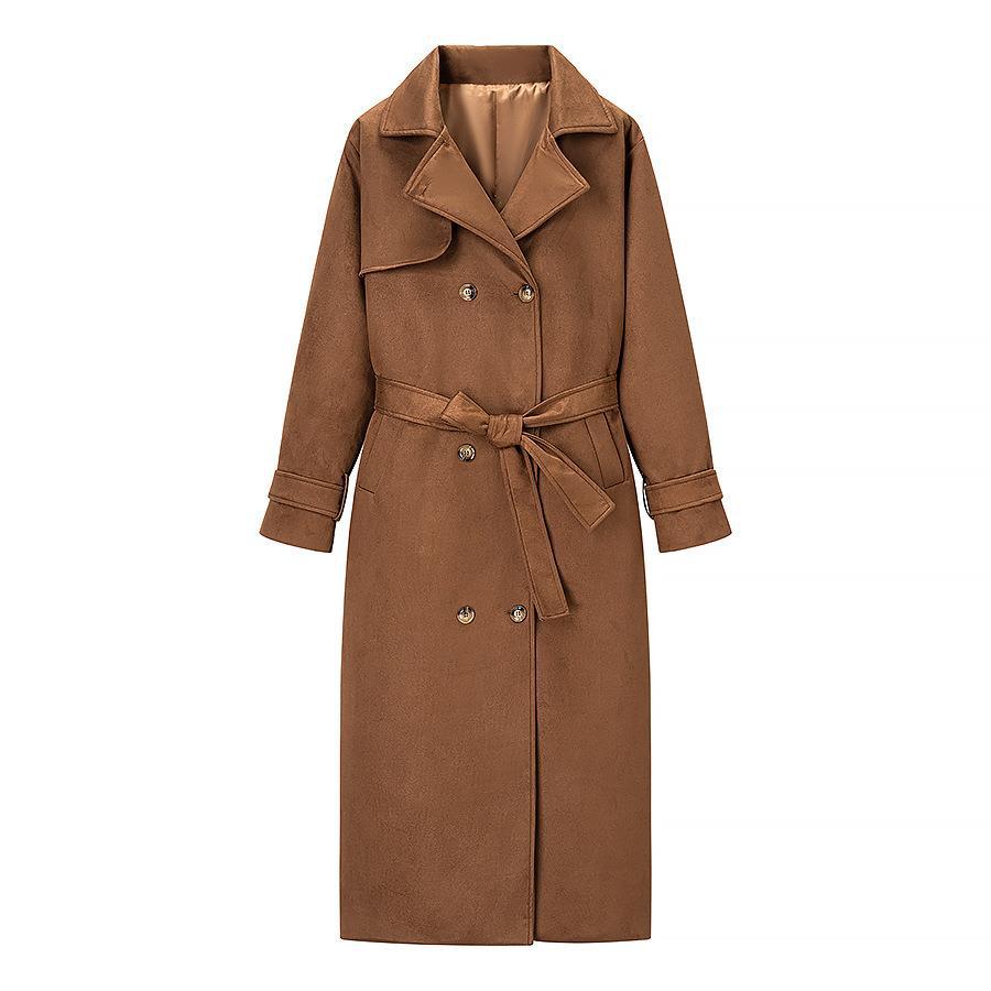 Damen Tragbare Wildleder-Trenchcoat mit Gürtel und großen Taschen R&B